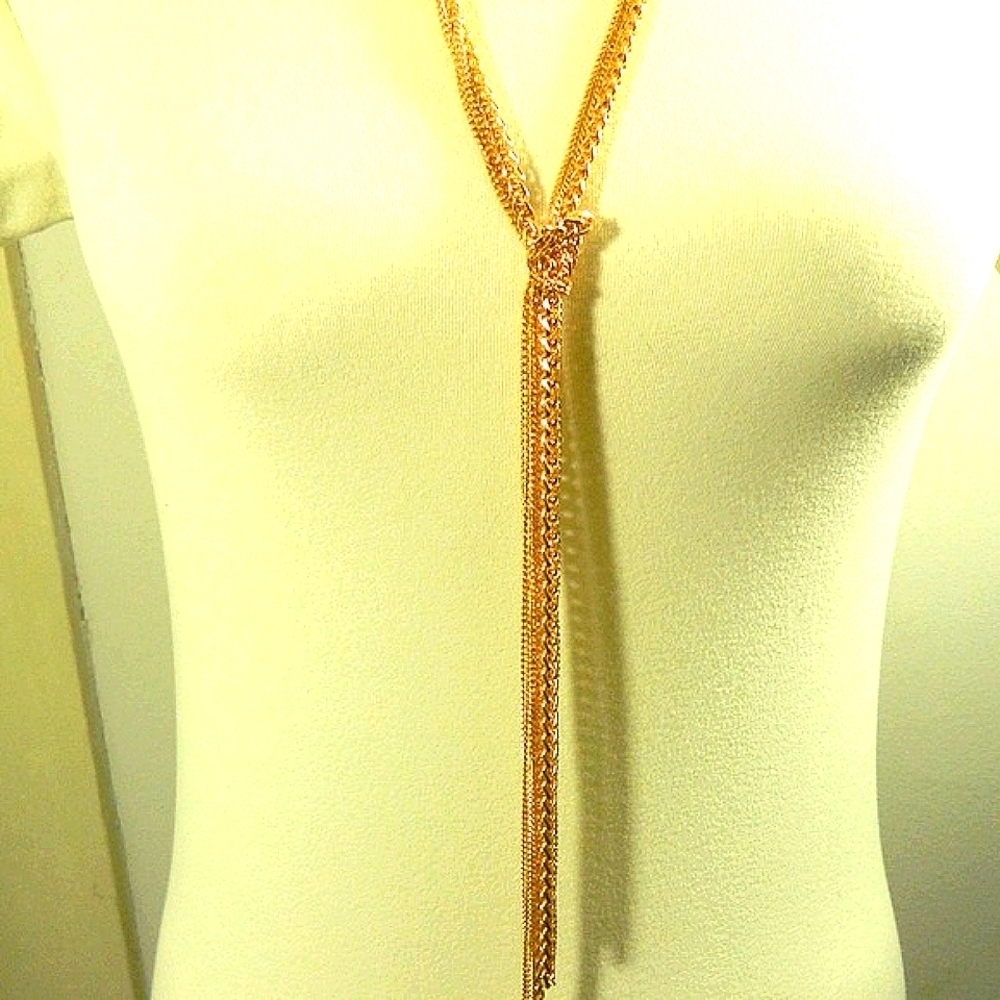 Gold Tone Multi Chain Knotted Y Necklace 36" Old Money Quiet Luxury Statement